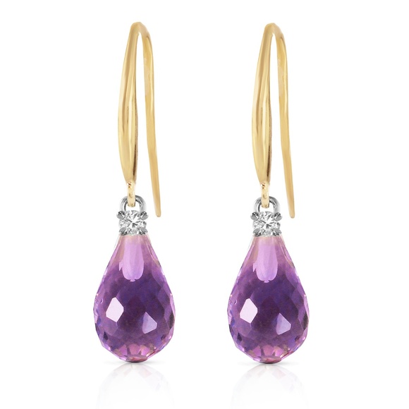 GOLD FISH HOOK EARRINGS WITH DIAMONDS & AMETHYST - Picture 2 of 6